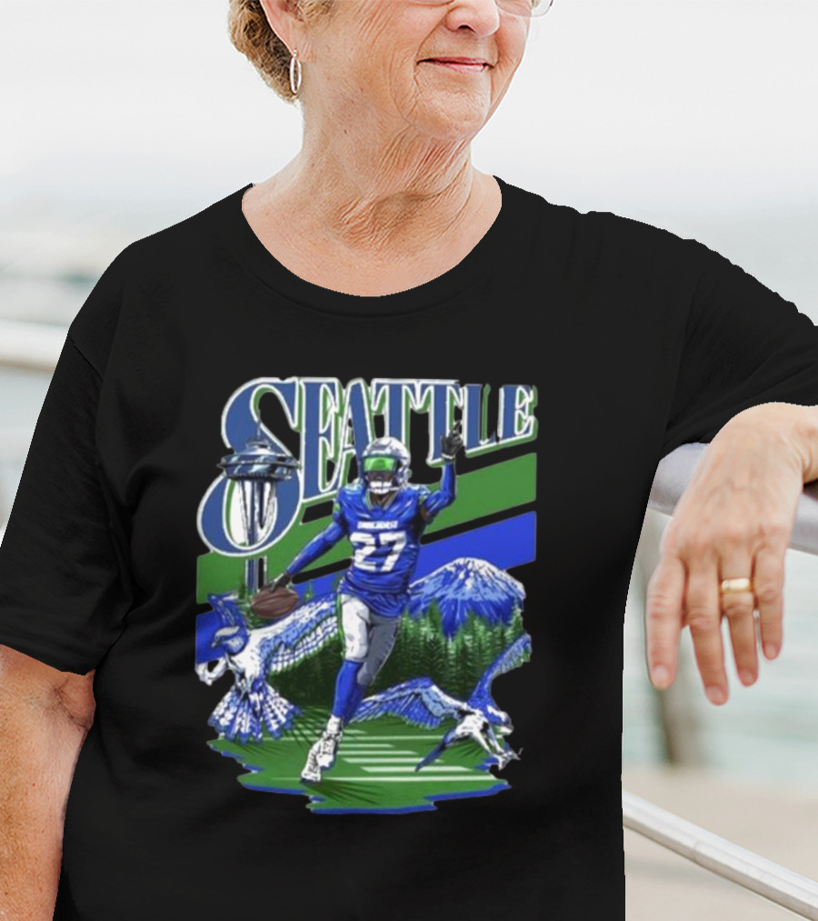 Seattle Seahawks Tariq Woolen Number 27 With Space Needle And Mountain Background T-Shirt