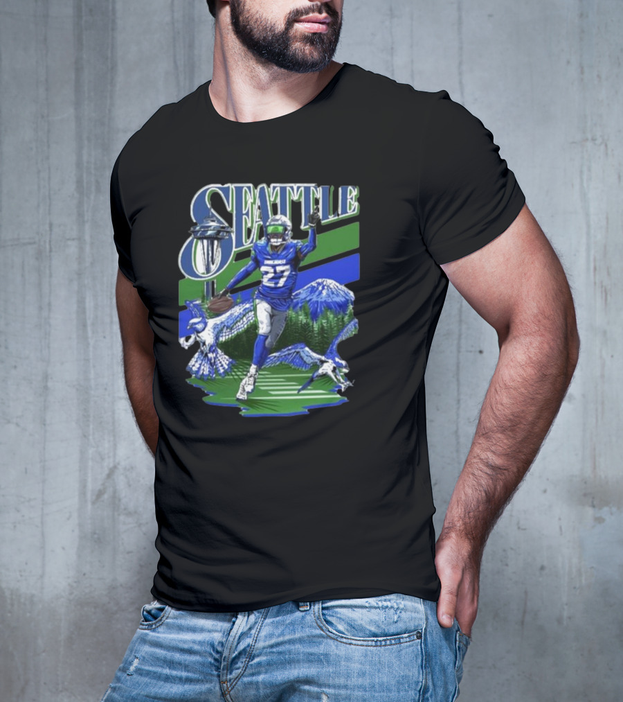 Seattle Seahawks Tariq Woolen Number 27 With Space Needle And Mountain Background T-Shirt