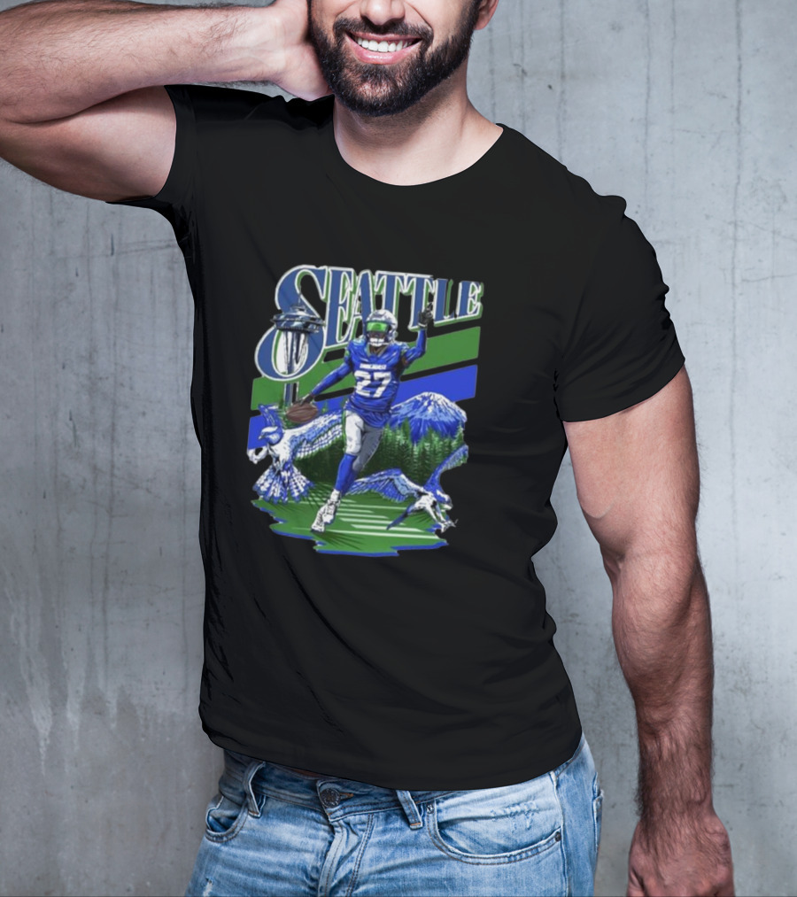 Seattle Seahawks Tariq Woolen Number 27 With Space Needle And Mountain Background T-Shirt