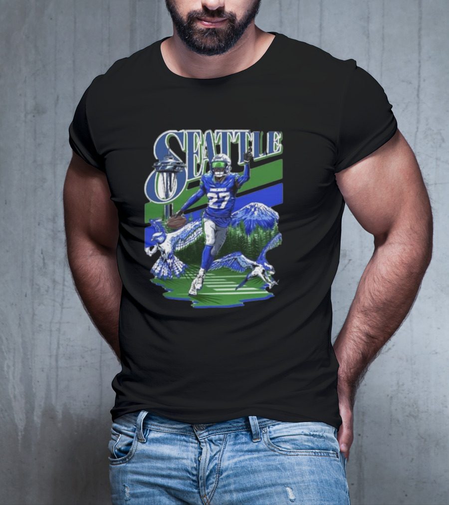 Seattle Seahawks Tariq Woolen Number 27 With Space Needle And Mountain Background T-Shirt