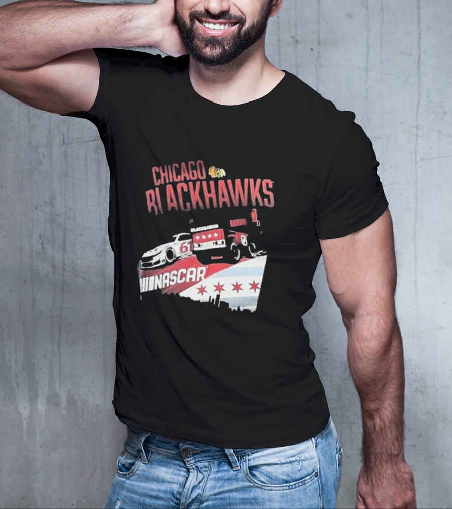 Chicago Blackhawks NASCAR Racing Car With City Skyline And Number 61 T-Shirt
