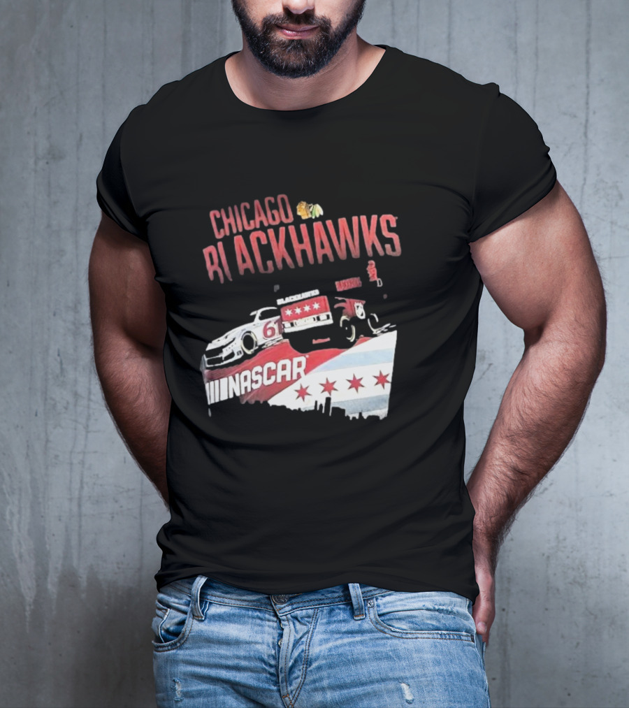 Chicago Blackhawks NASCAR Racing Car With City Skyline And Number 61 T-Shirt