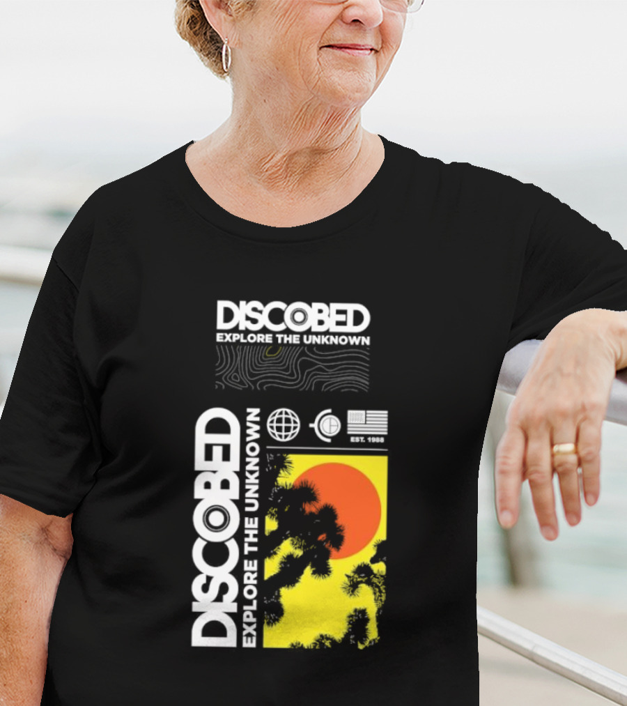 Discobed Explore The Unknown Global Exploration Est 1988 Sun Images With Iconic Nature Scene T-Shirt
