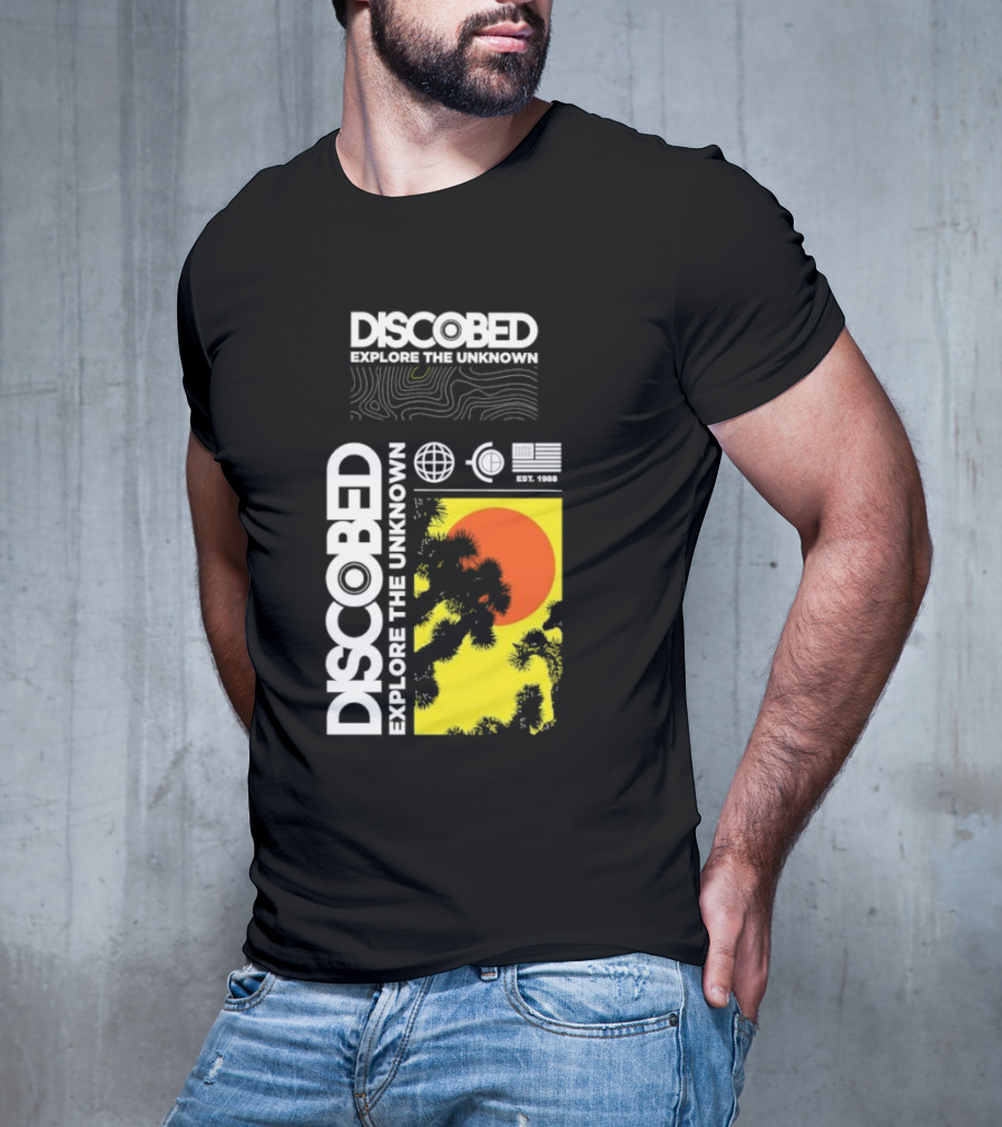 Discobed Explore The Unknown Global Exploration Est 1988 Sun Images With Iconic Nature Scene T-Shirt