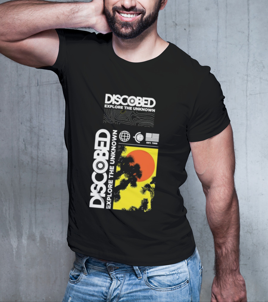 Discobed Explore The Unknown Global Exploration Est 1988 Sun Images With Iconic Nature Scene T-Shirt