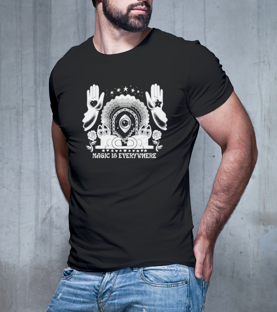 Magic Is Everywhere Witch Cat Stars Hands Flowers Pinkgabbercat T-Shirt