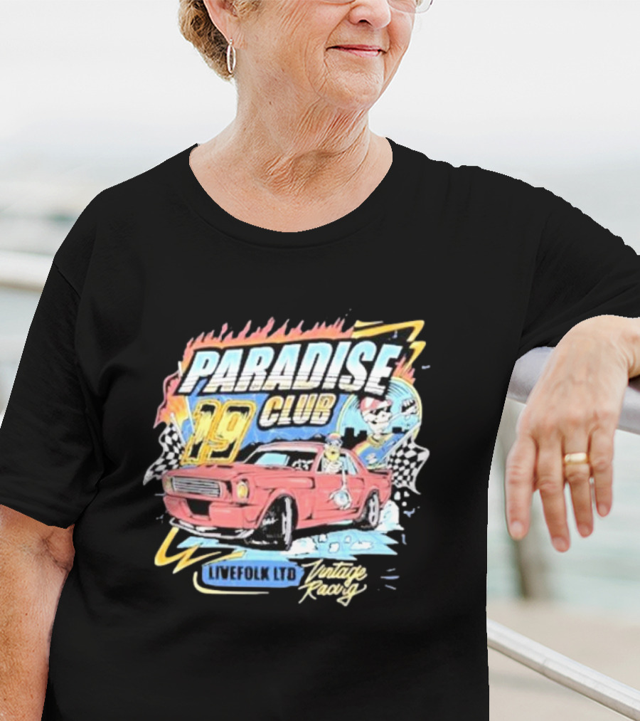 Paradise Club 19 Livefolk Ltd Vintage Racing Skeleton Racer Car Checkered Flags T-Shirt