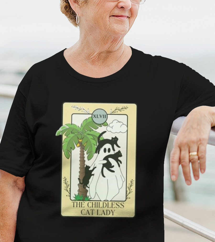 XLVII The Childless Cat Lady Ghost Black Cat Coconut Tree T-Shirt