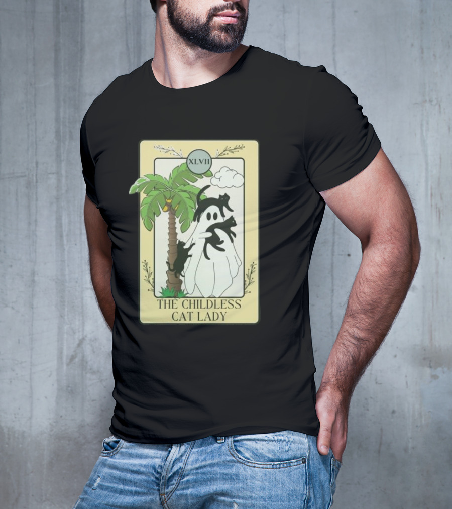 XLVII The Childless Cat Lady Ghost Black Cat Coconut Tree T-Shirt