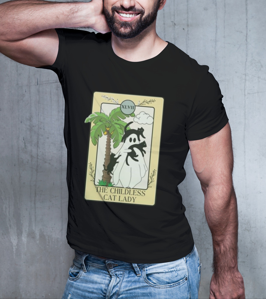 XLVII The Childless Cat Lady Ghost Black Cat Coconut Tree T-Shirt