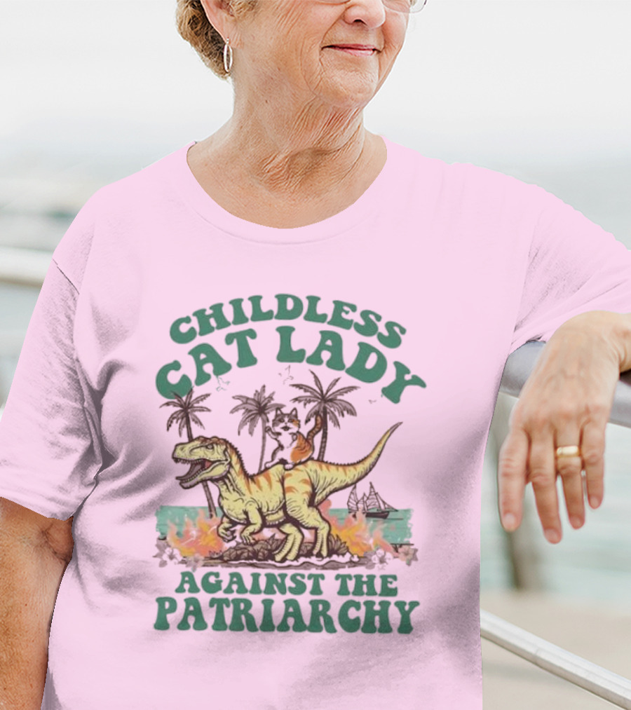 Childless Cat Lady Riding Dinosaur Against The Patriarchy With Flaming Coconut Trees T-Shirt