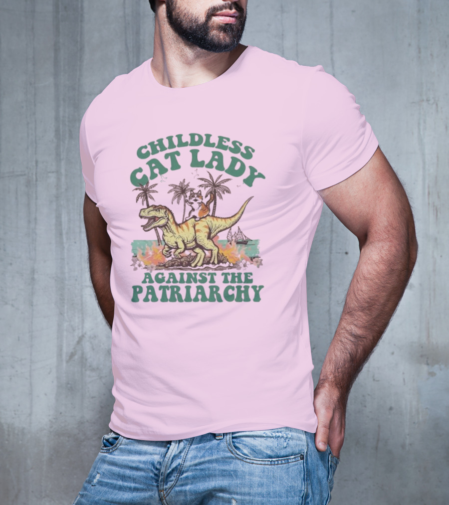 Childless Cat Lady Riding Dinosaur Against The Patriarchy With Flaming Coconut Trees T-Shirt