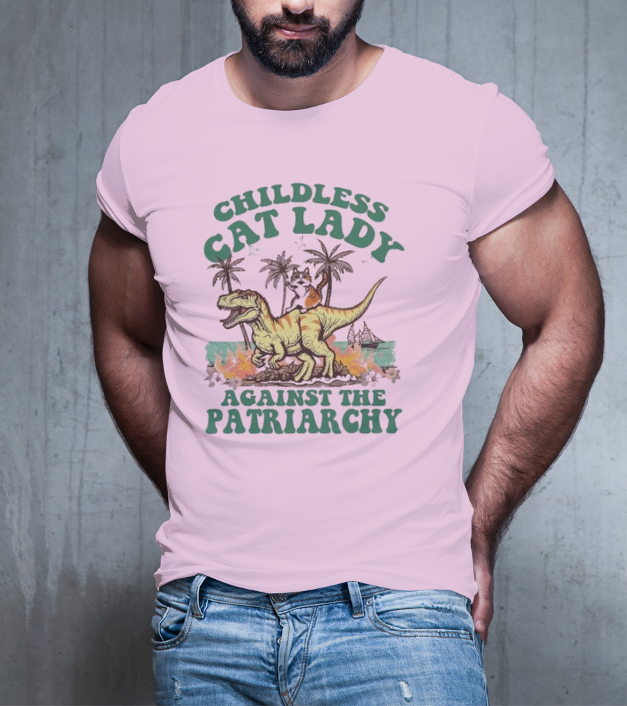 Childless Cat Lady Riding Dinosaur Against The Patriarchy With Flaming Coconut Trees T-Shirt