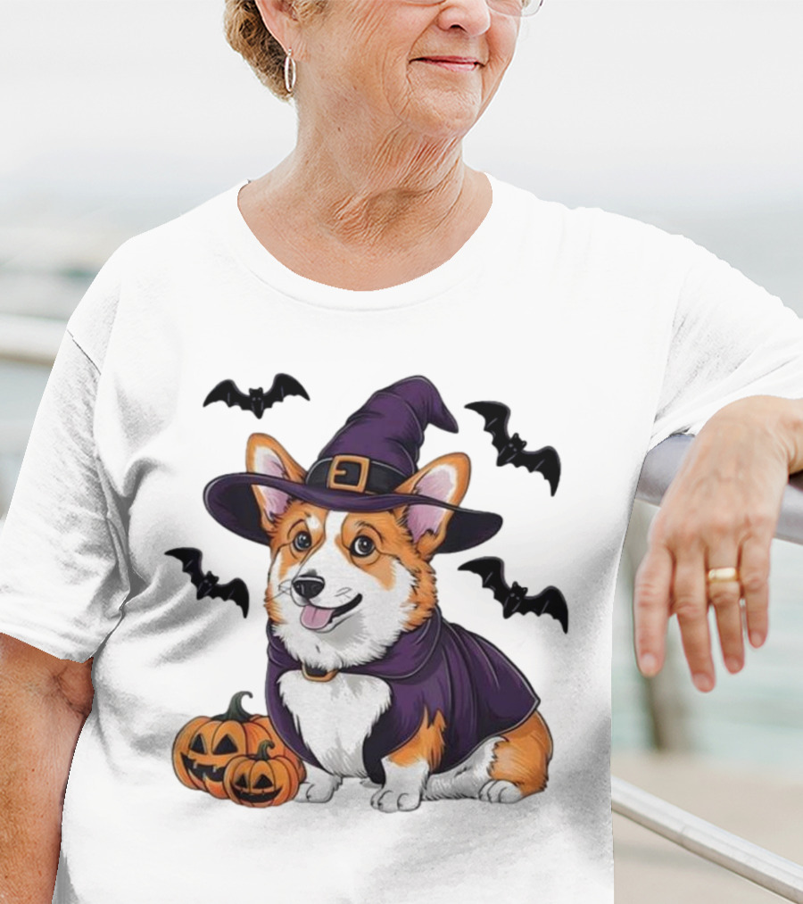 Halloween Corgi In Witch Hat With Pumpkins And Bats T-Shirt