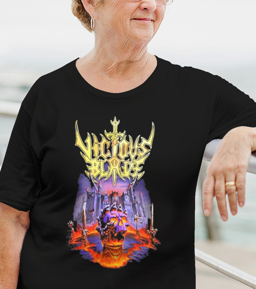 Vicious Blade Skull Fortress With Flaming Swords T-Shirt