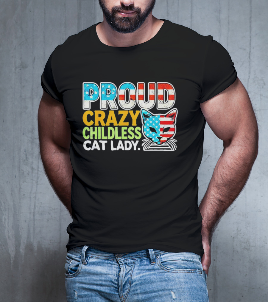 Proud Crazy Childless Cat Lady American Flag Cat Head T-Shirt
