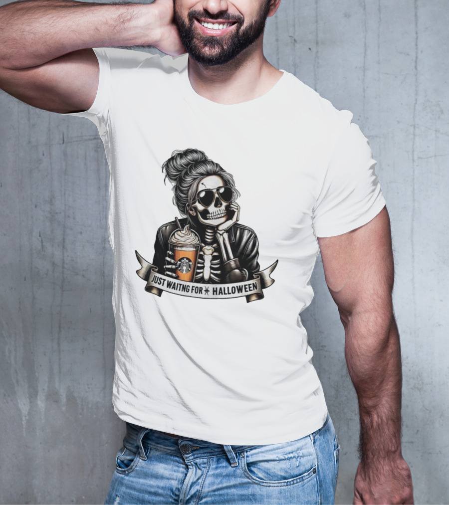 Just Waiting For Halloween Skeleton With Coffee Cup Spooky Season T-Shirt