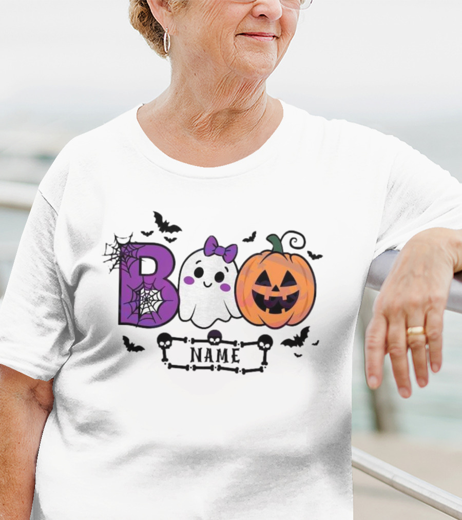 Boo Name Ghost Pumpkin Halloween Spiders Bats T-Shirt