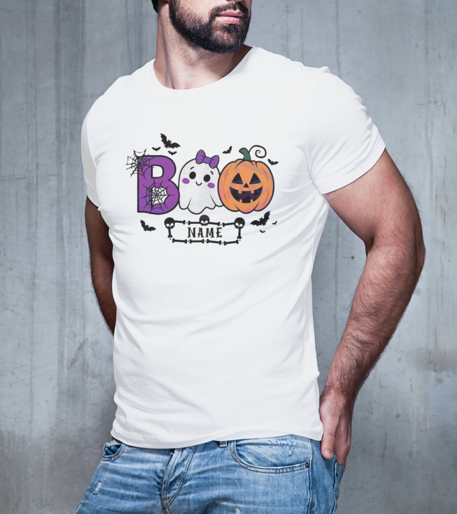 Boo Name Ghost Pumpkin Halloween Spiders Bats T-Shirt