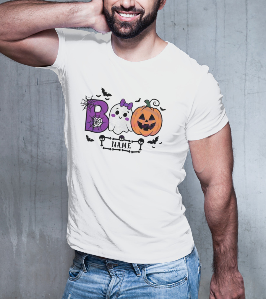 Boo Name Ghost Pumpkin Halloween Spiders Bats T-Shirt