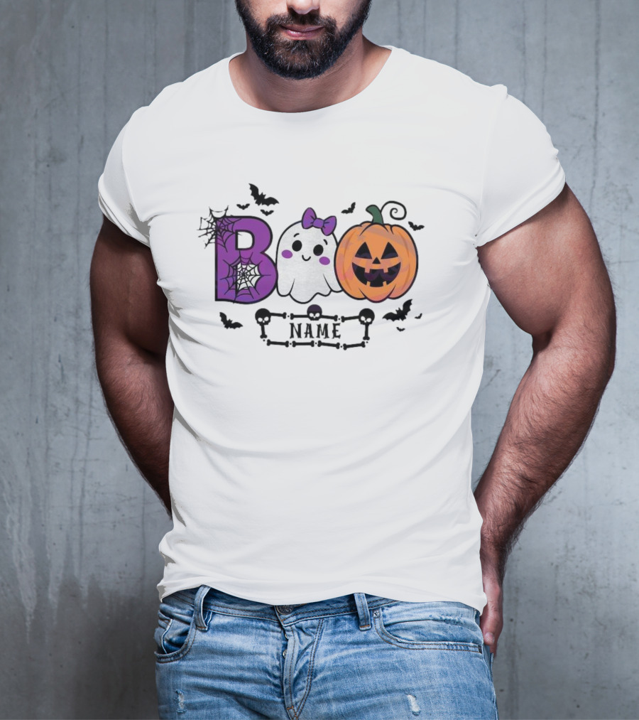 Boo Name Ghost Pumpkin Halloween Spiders Bats T-Shirt