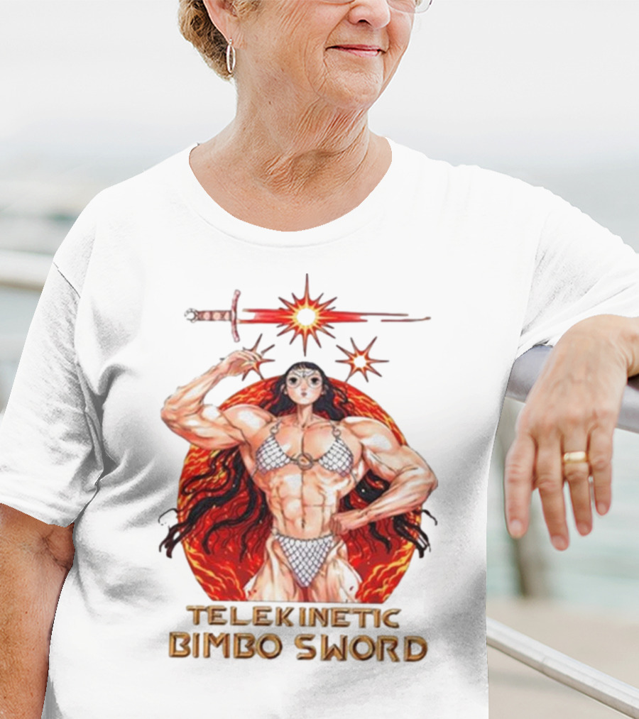 Rebecca Kirby Telekinetic Bimbo Sword Warrior With Fiery Background T-Shirt