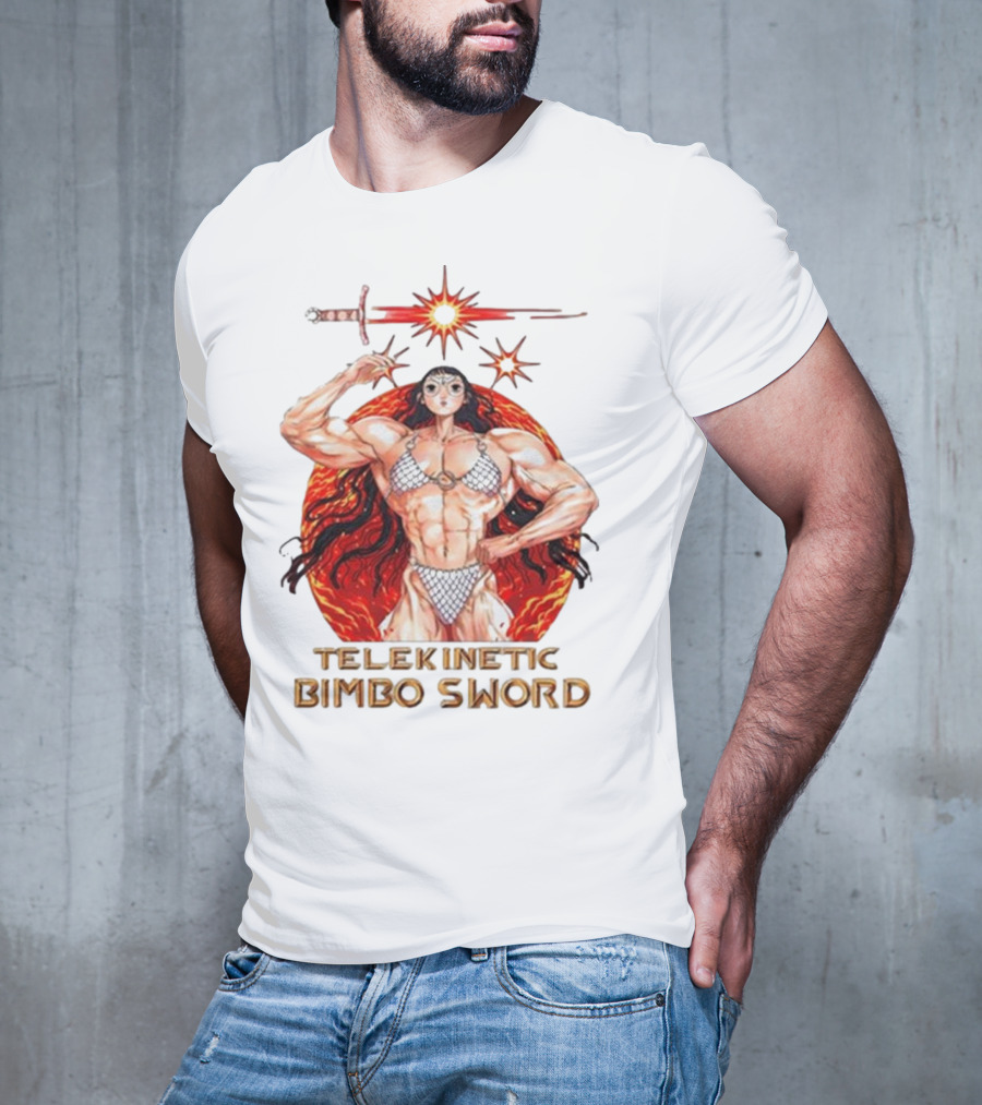 Rebecca Kirby Telekinetic Bimbo Sword Warrior With Fiery Background T-Shirt