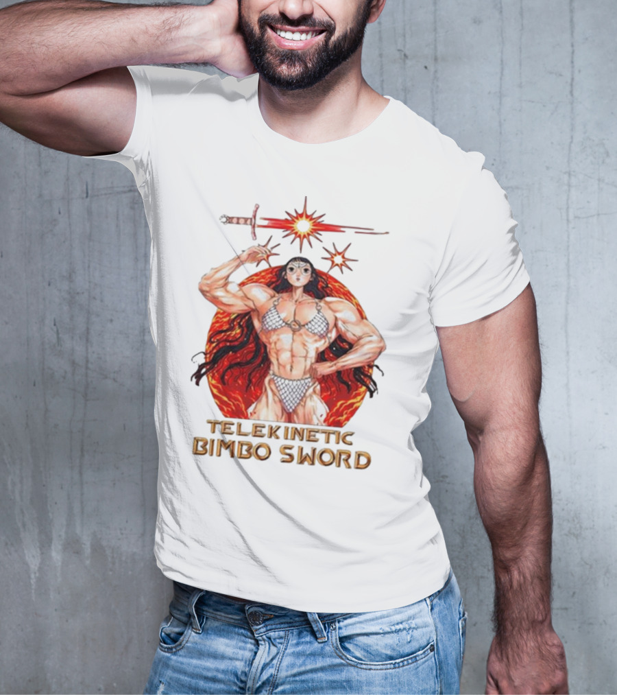 Rebecca Kirby Telekinetic Bimbo Sword Warrior With Fiery Background T-Shirt