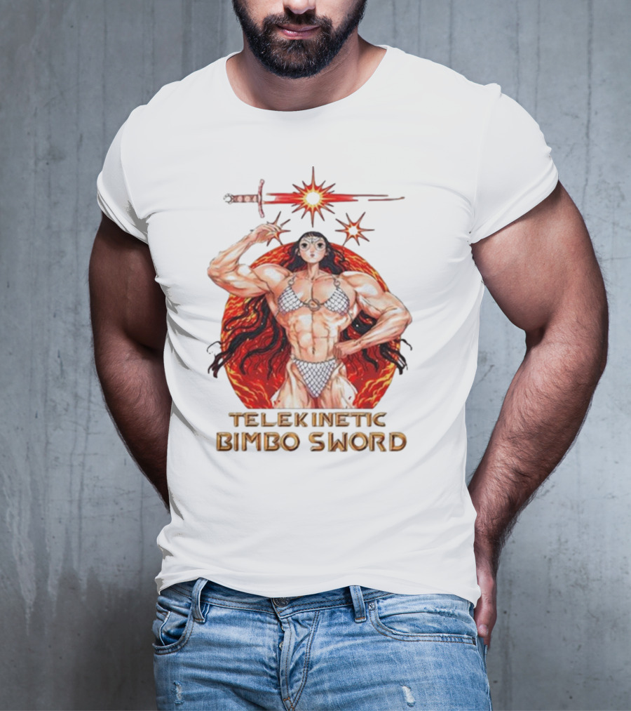 Rebecca Kirby Telekinetic Bimbo Sword Warrior With Fiery Background T-Shirt