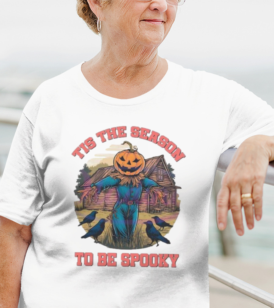Tis The Season To Be Spooky Pumpkin Head Scarecrow With Crows In Front Of Haunted House T-Shirt