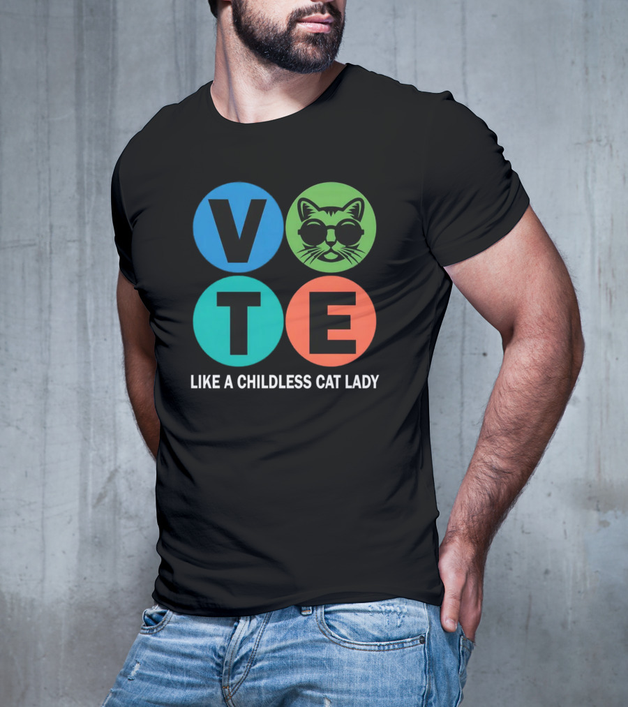 Vote Like A Childless Cat Lady Retro Circle Cat Face T-Shirt