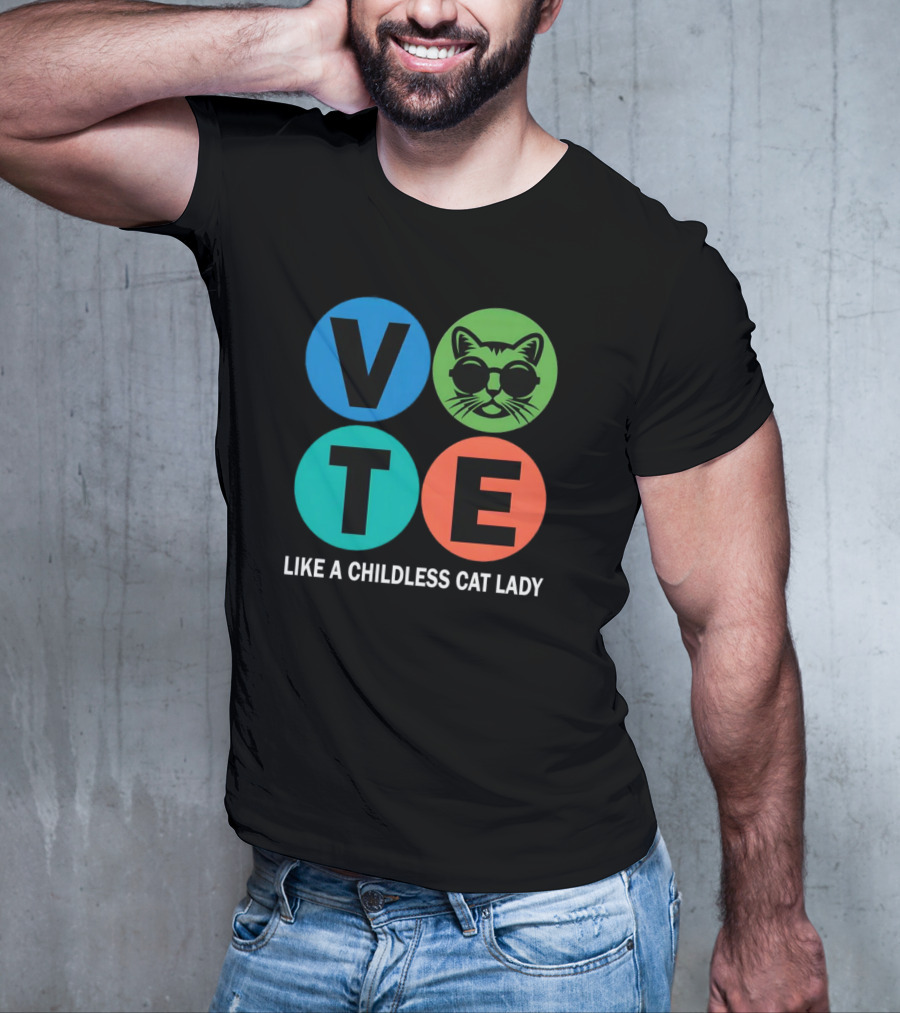 Vote Like A Childless Cat Lady Retro Circle Cat Face T-Shirt