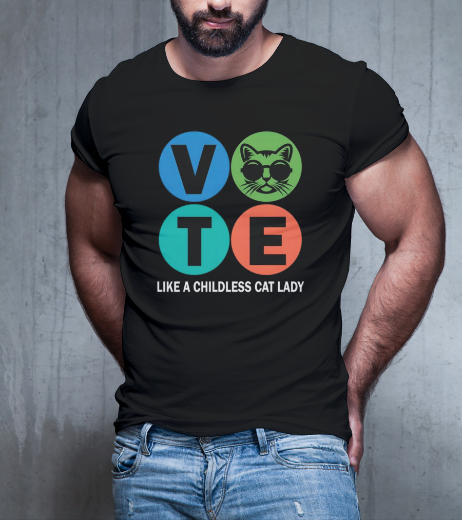 Vote Like A Childless Cat Lady Retro Circle Cat Face T-Shirt