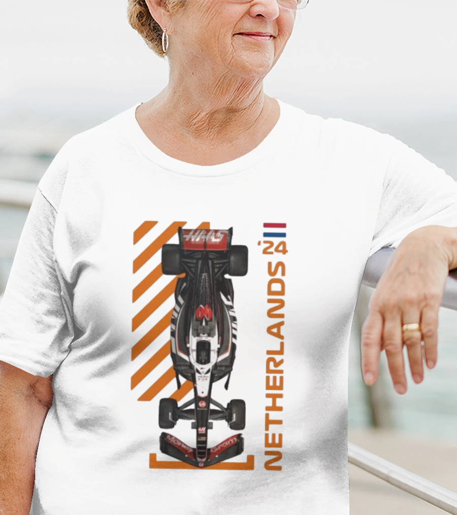 Haas F1 Racing Car Netherlands 24 Orange Stripes Racing Formula 1 T-Shirt
