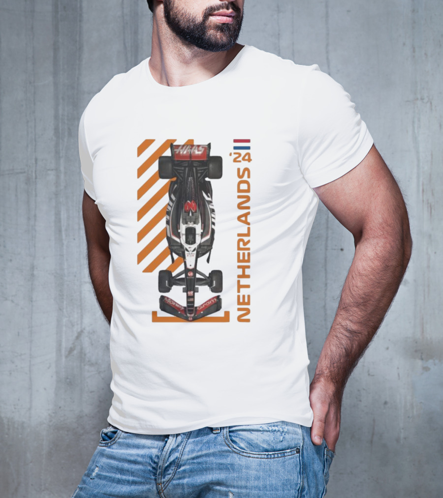 Haas F1 Racing Car Netherlands 24 Orange Stripes Racing Formula 1 T-Shirt