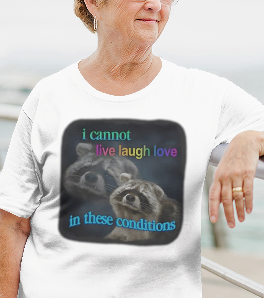 I Cannot Live Laugh Love In These Conditions Raccoon Duo Reality Check T-Shirt