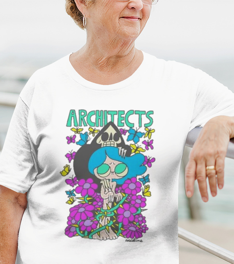 ARCHITECTS Butterfly Skull Skeleton Flowers Blue Hair T-Shirt