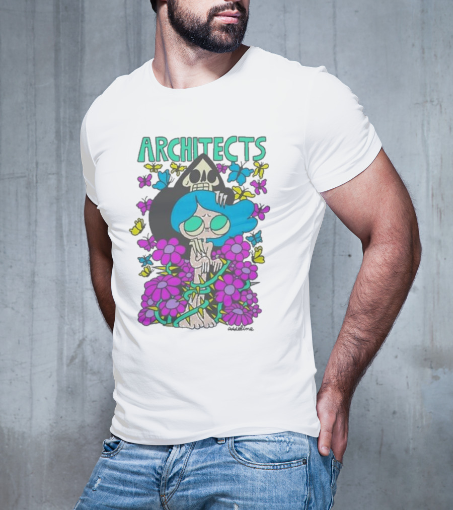 ARCHITECTS Butterfly Skull Skeleton Flowers Blue Hair T-Shirt