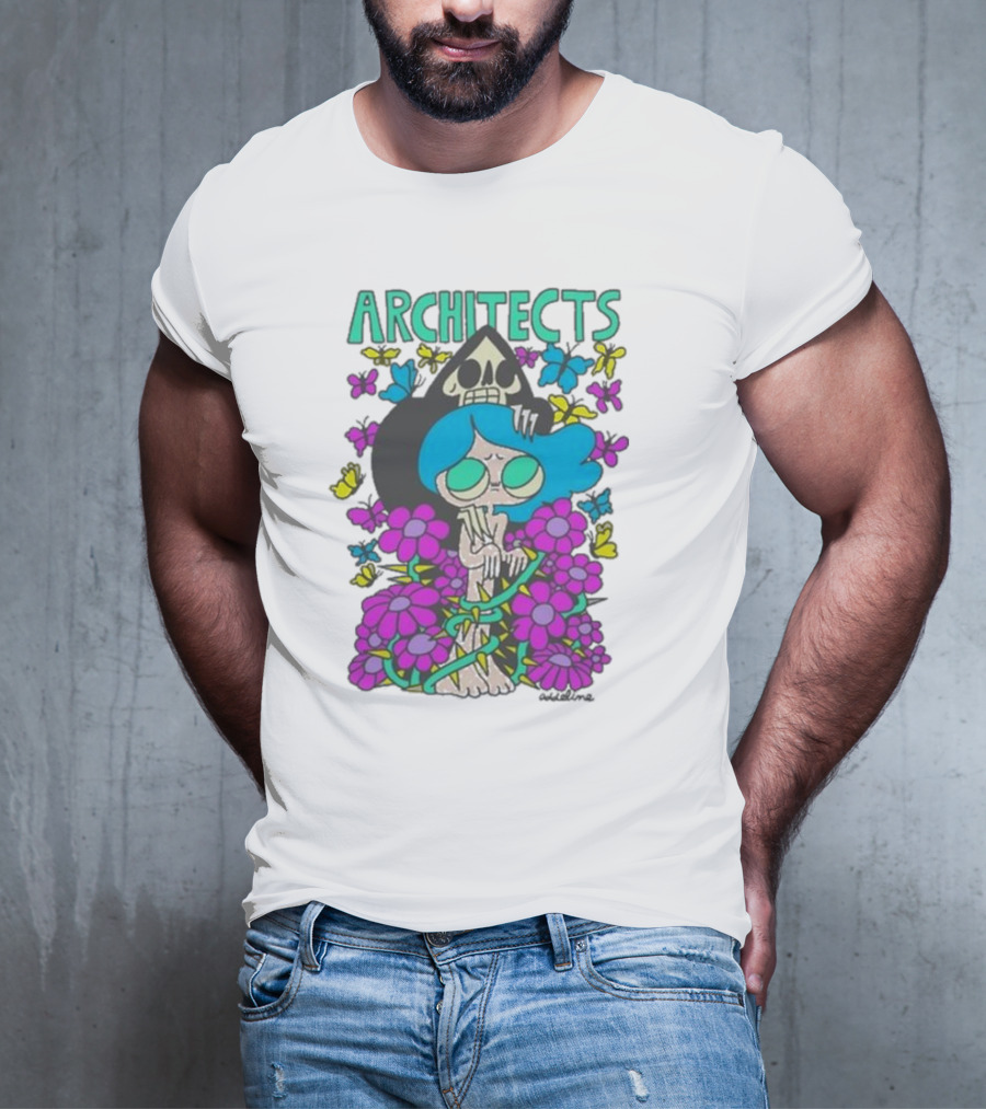 ARCHITECTS Butterfly Skull Skeleton Flowers Blue Hair T-Shirt