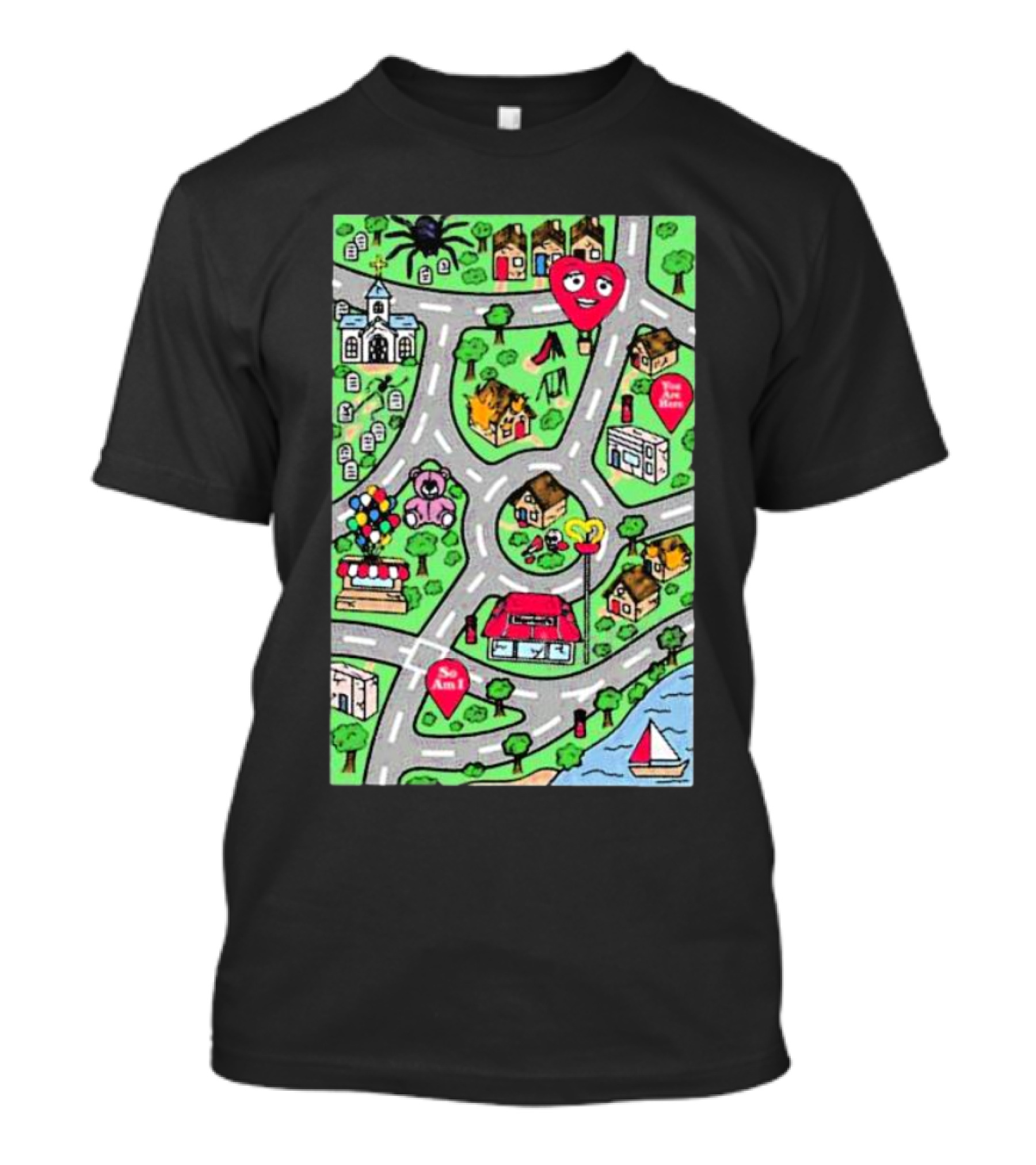 Are We There Yet Cute Cartoon Map With Smiling Landmarks And Colorful Scenery T-Shirt