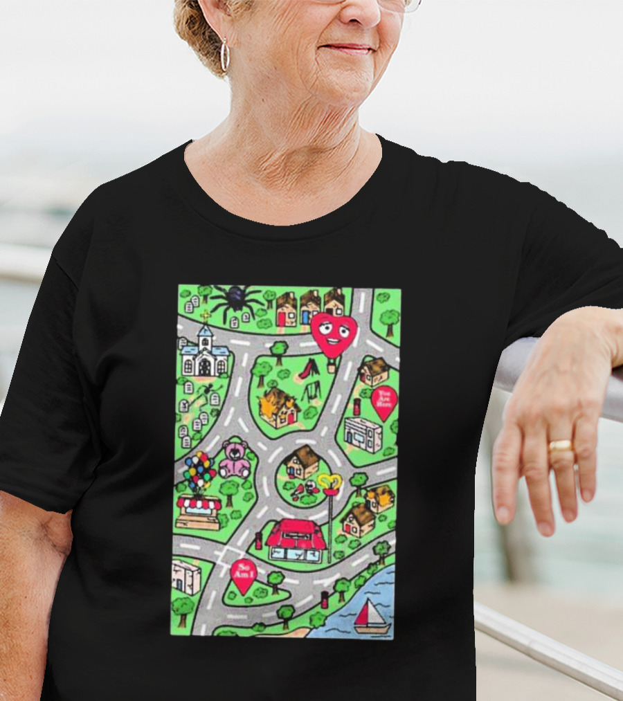 Are We There Yet Cute Cartoon Map With Smiling Landmarks And Colorful Scenery T-Shirt