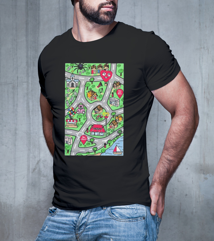 Are We There Yet Cute Cartoon Map With Smiling Landmarks And Colorful Scenery T-Shirt