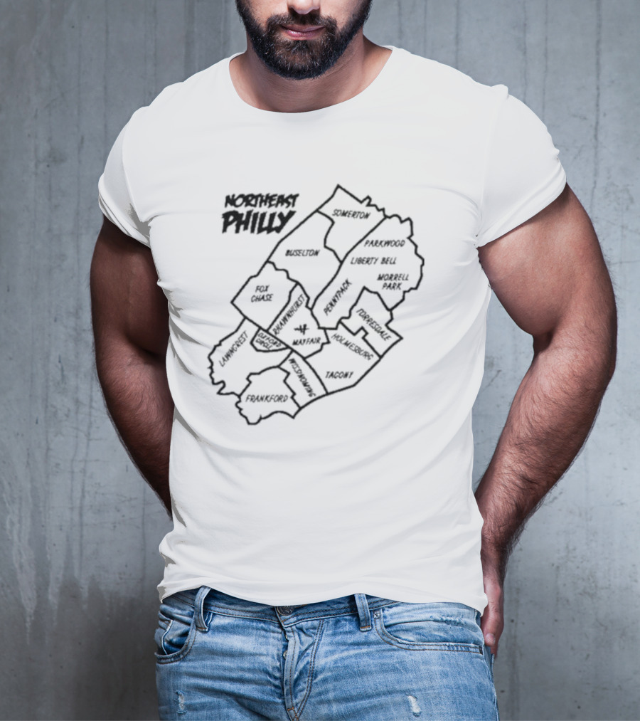 Northeast Philly Map Featuring Somerton Parkwood Liberty Bell Fox Chase Oxford Circle Tacony Frankford Map T-Shirt