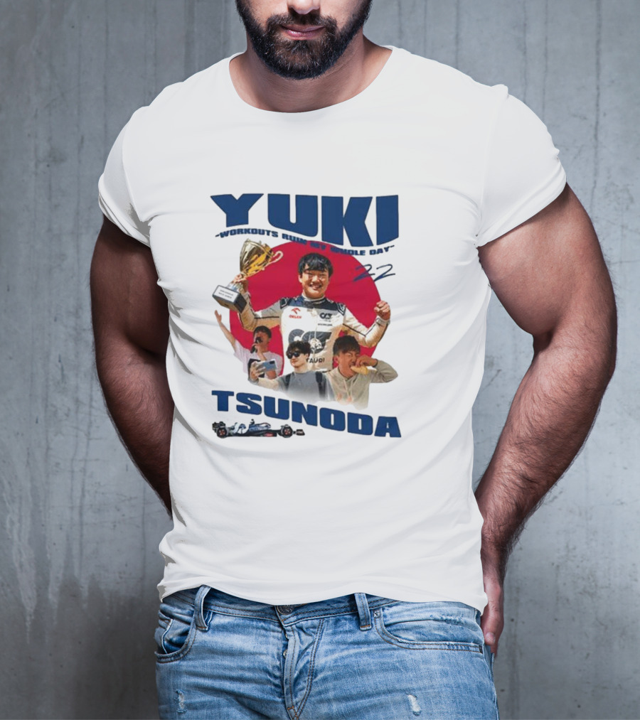 Yuki Tsunoda Victory Celebration With Racing Imagery And Text 'Run My Whole Day 22' T-Shirt