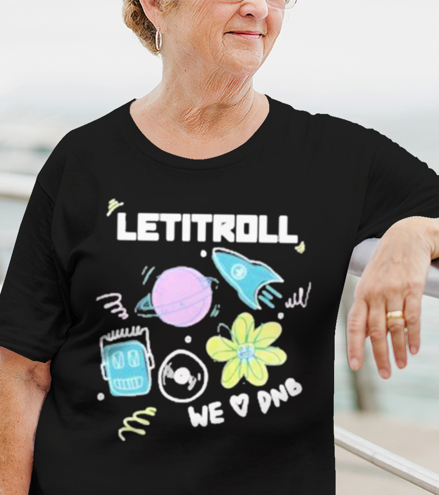 LETITROLL We Love DNB Planet Rocket Robot Flower T-Shirt