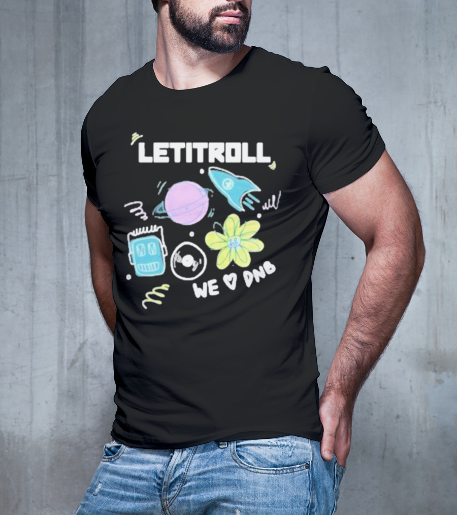 LETITROLL We Love DNB Planet Rocket Robot Flower T-Shirt
