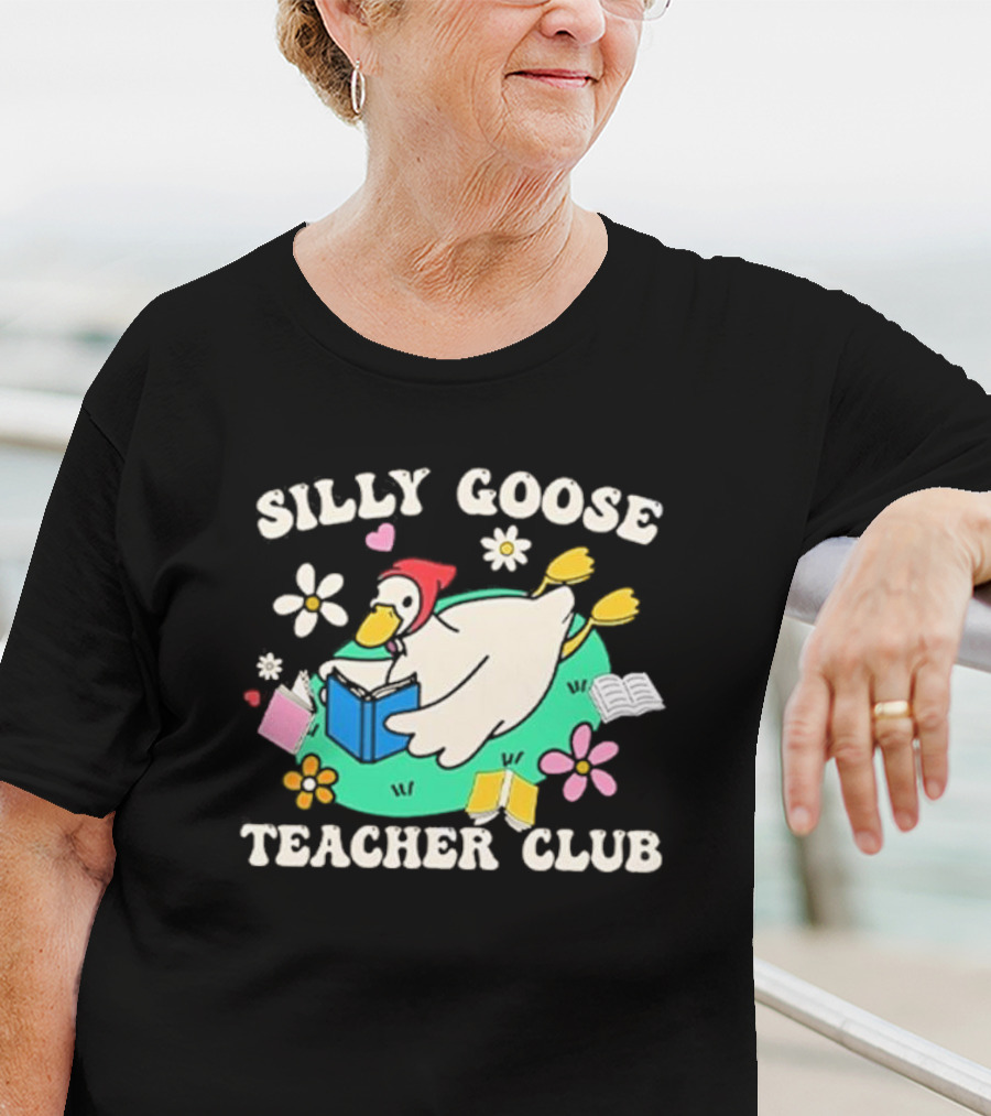 Silly Goose Teacher Club Reading Duck With Flowers And Open Books T-Shirt