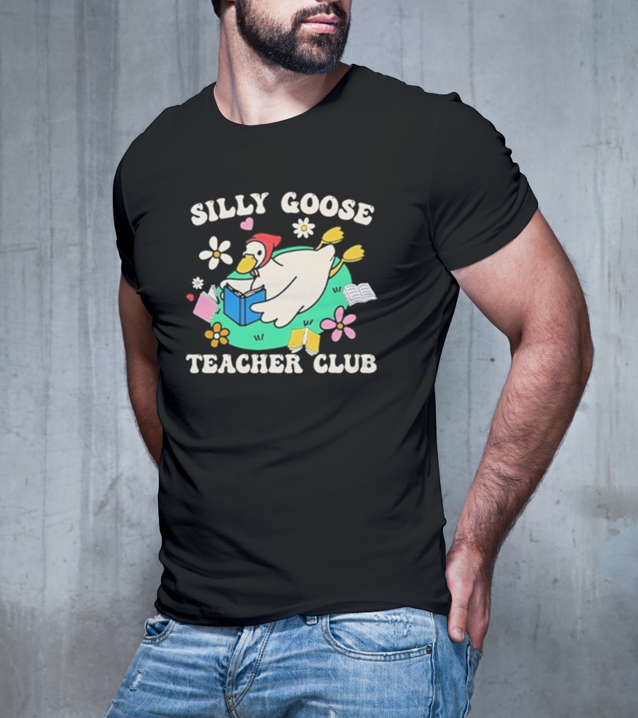 Silly Goose Teacher Club Reading Duck With Flowers And Open Books T-Shirt