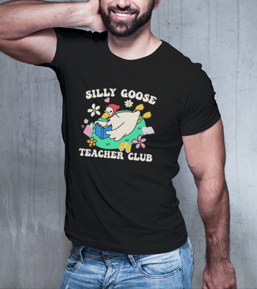 Silly Goose Teacher Club Reading Duck With Flowers And Open Books T-Shirt