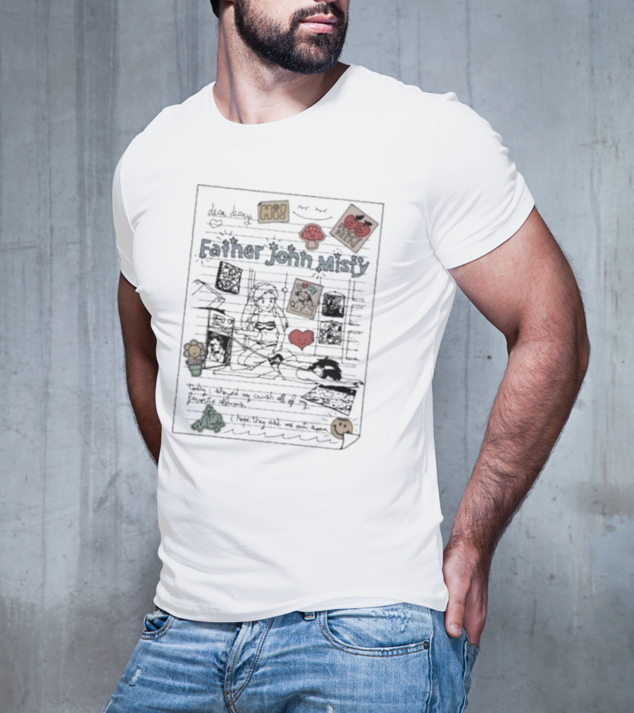 Dear Diary Father John Misty Illustrated Notebook Page With Doodles Hearts And Smiley Stickers T-Shirt